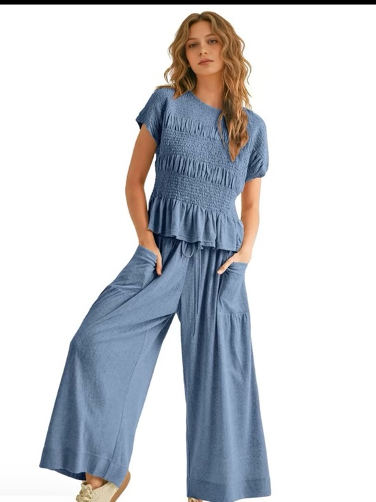 Pants - Boho Chambray Smocked Peplum Top & Wide Leg Pants Set | Flowy Lounge Set